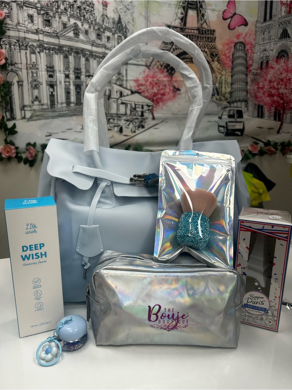 Light Blue Women's Satchel Bag with Holographic Cosmetic Pouch